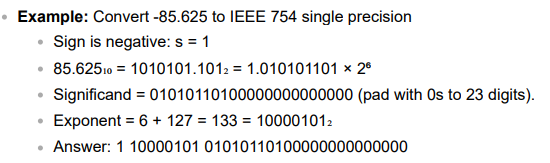 <p>(-1)S  (1 + significand) * 2exponent - bias</p>