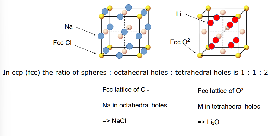 <p>depends on whether they occupy the tetrahedral or octahedral holes </p><p>1:1 octahedral </p><p>1:2 tetrahedral </p>