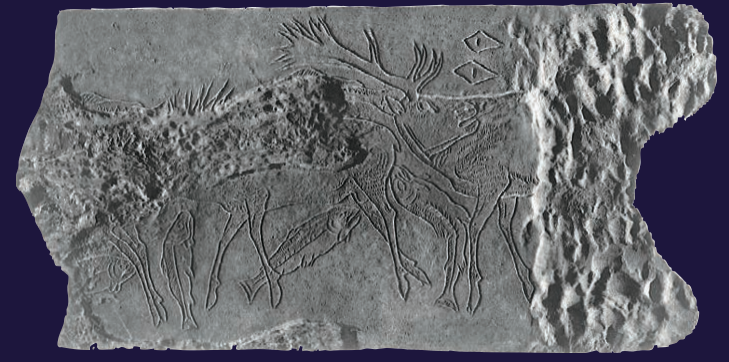 **Engraved drawing on a deer antler**, c. 15,000 BCE.

\
This prehistoric  image is shown in a cast made by rolling the antler onto clay.