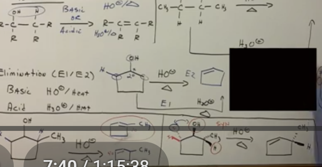 <p>Remember dehydration, taking away a water (OH and H). Can be done under basic conditions or acidic conditions. Either OH- or H3O under heat.</p><p></p>