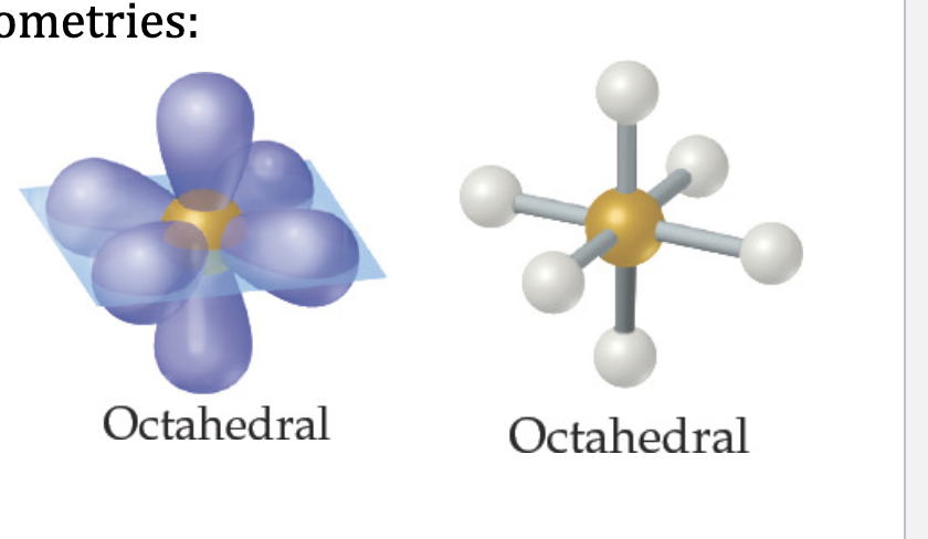<p><span style="color: #000000"><br></span><span style="color: #000000">• All positions are equivalent in the octahedral domain.</span><span style="color: #000000"><br></span><span style="color: #000000">• All bond angles are 900.</span><span style="color: #000000"><br></span><span style="color: #000000">• There are three molecular geometries:</span><span style="color: #000000"><br></span><span style="color: #000000">1. Octahedral</span><span style="color: #000000"><br></span><span style="color: #000000">2. Square pyramidal</span><span style="color: #000000"><br></span><span style="color: #000000">3. Square planar</span></p>