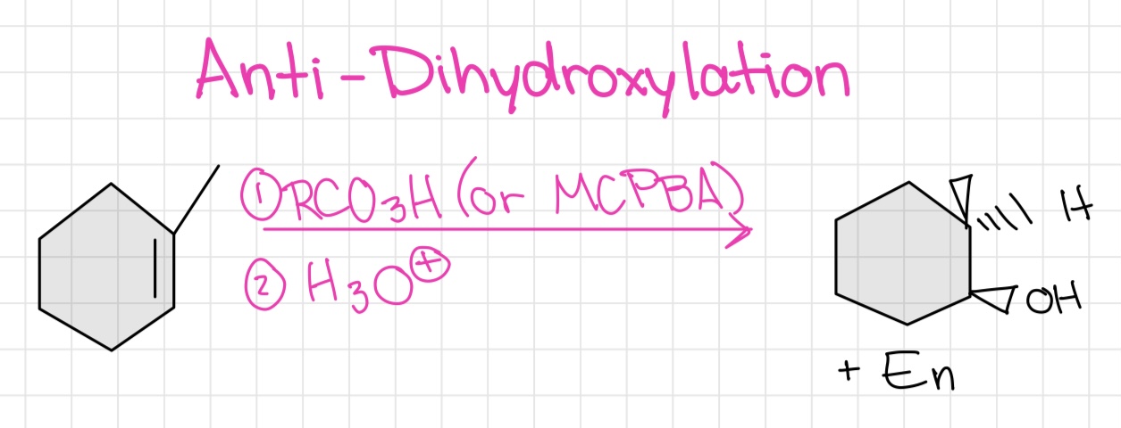<ul><li><p>H and OH</p></li><li><p>Anti-Addition</p></li><li><p>Anti-Markovnikov  </p></li></ul>