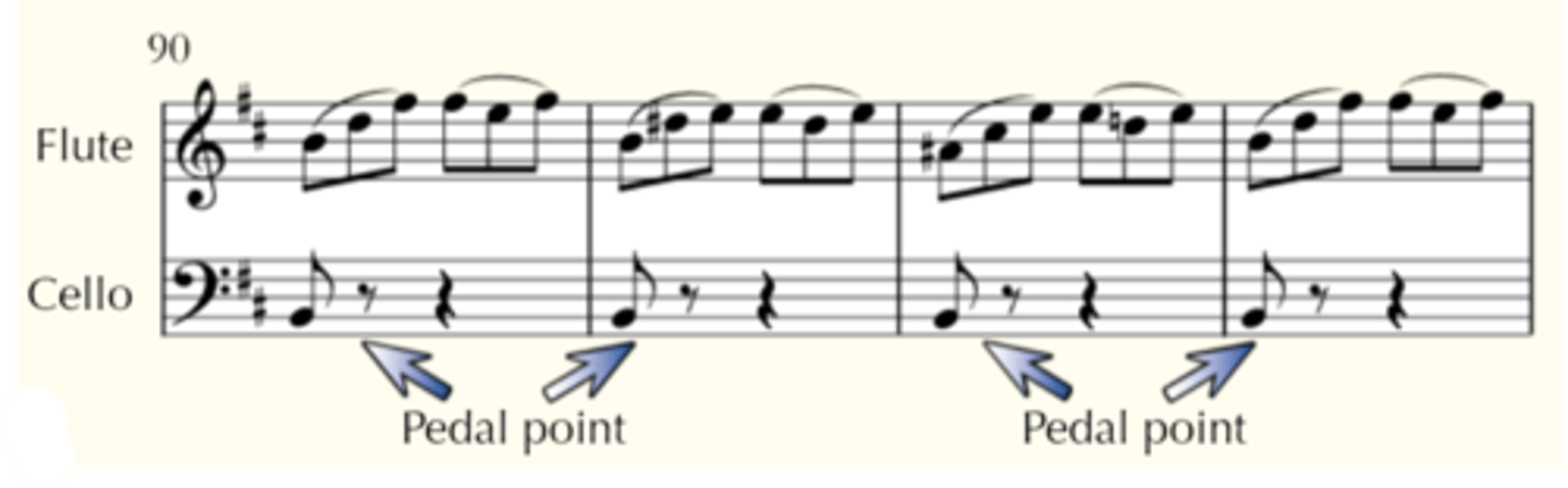 <p>bar 90-95</p><p>instruments: flute &amp; cello</p><p>cello repeats pedal note while melody changes in flute </p><p>effect: creating <strong>dissonance </strong>when the harmony changes above it</p>