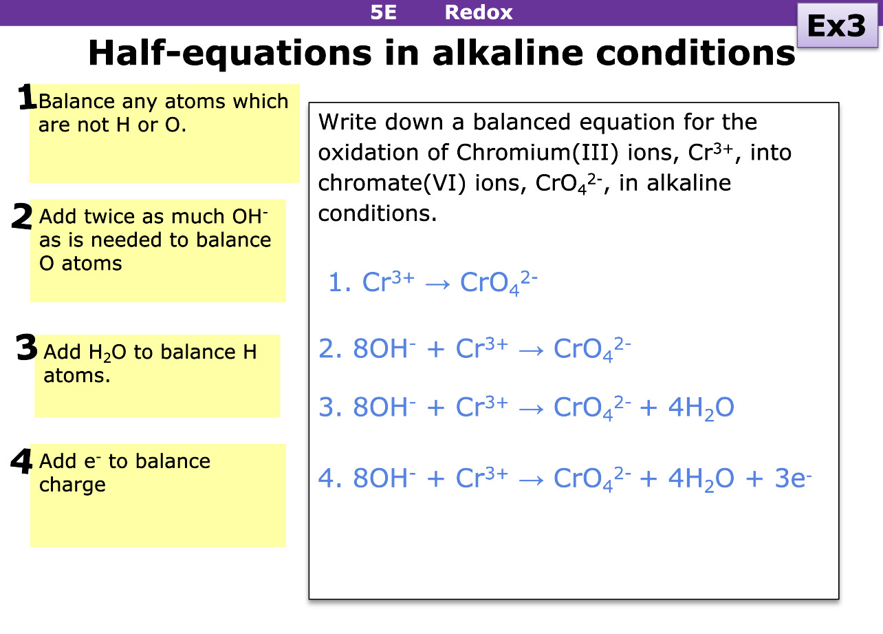 <ol><li><p>Balance atoms that are not H or O first</p></li><li><p>Add twice as much OH needed to balance O atoms</p></li><li><p>Add H2O to balance H atoms</p></li><li><p>Add e- to balance charge ( to work it out, work out oxidation number of element at start and end)</p></li></ol><p></p>
