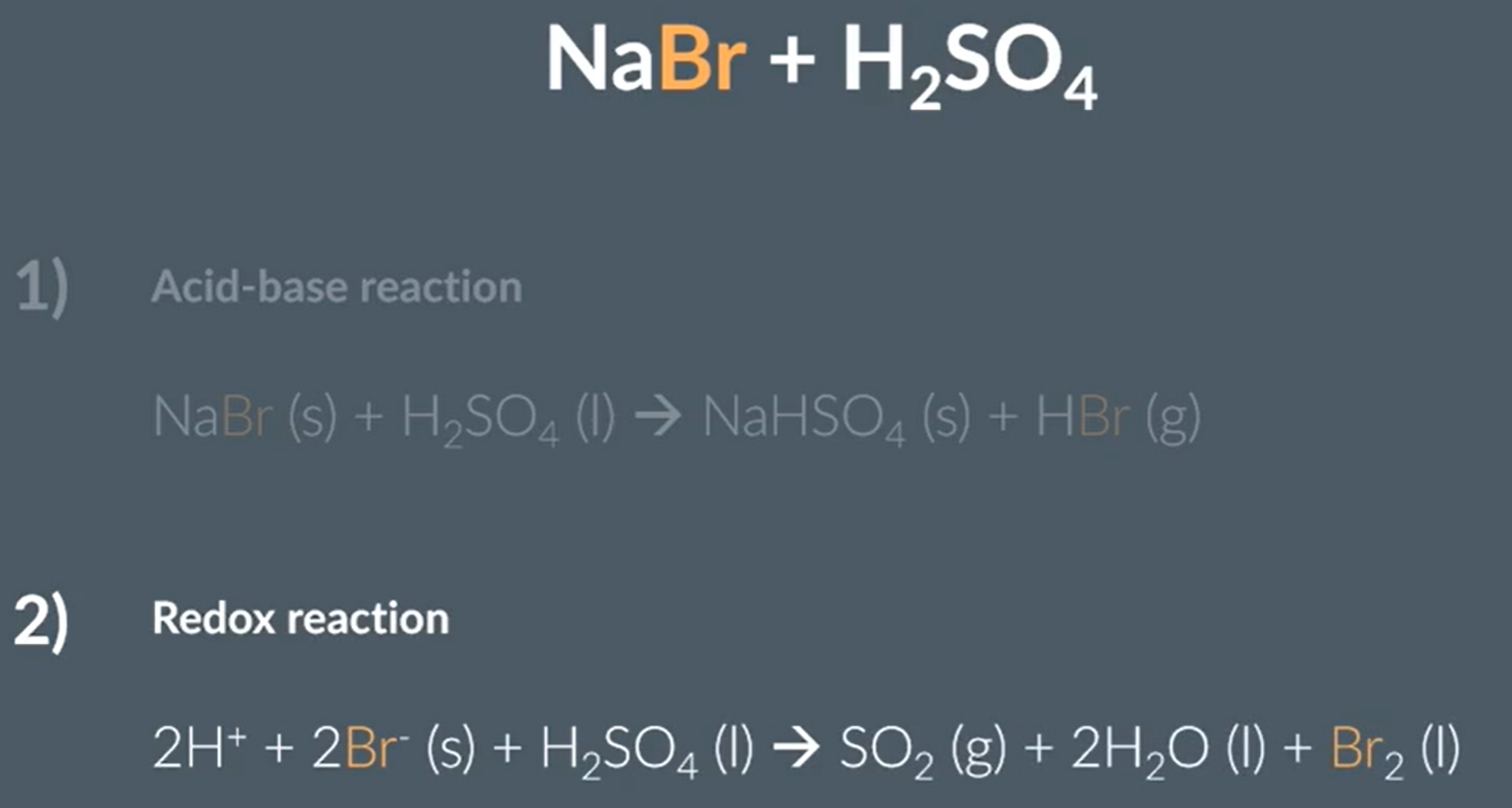 <ul><li><p>Acid base and redox reaction </p></li><li><p>Bromine reduces Sulfur from +6 to +4</p><ul><li><p>Observations: A red-brown fumes</p></li></ul></li></ul><p></p>