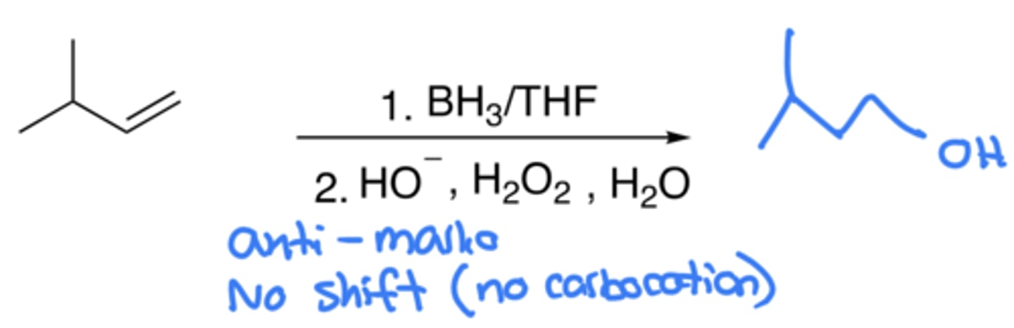 <p>- Addition of OH and H</p><p>- Anti-Markovnikov, no carbocation (no shift)</p><p>- Same thing as hydration and oxymercuration-reduction, but this may be done if no carbocations wanted with anti-markovnikov</p><p>- Step 1 Hydroboration (BH4): An H in BH4 attacks the C with least H as a nucleophile, while BH3 attaches to the other C</p><p>- Step 2 Oxidation (OH-, H2O2, H2O): H2O2, OH-, and H2O are used in sequence to replace the BH3 on the C with OH</p>