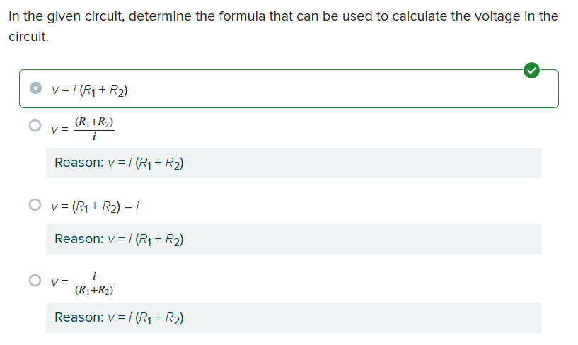 <p>a. <em>v</em>&nbsp;=&nbsp;<em>i&nbsp;(R<sub>1</sub>&nbsp;+&nbsp;R<sub>2</sub>)</em></p>