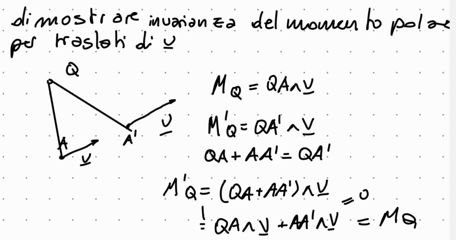 <p>il momento polare di un vettore è definito in funzione di un punto Q, si calcola come <br><strong>M<sub>Q</sub> = QA x v</strong> dove x è il prodotto vettoriale, <br>è un vettore ortonormale al piano individuato da QA e v<br><br>M<sub>Q</sub> é invariante per traslati di v lungo la sua retta di azione </p>