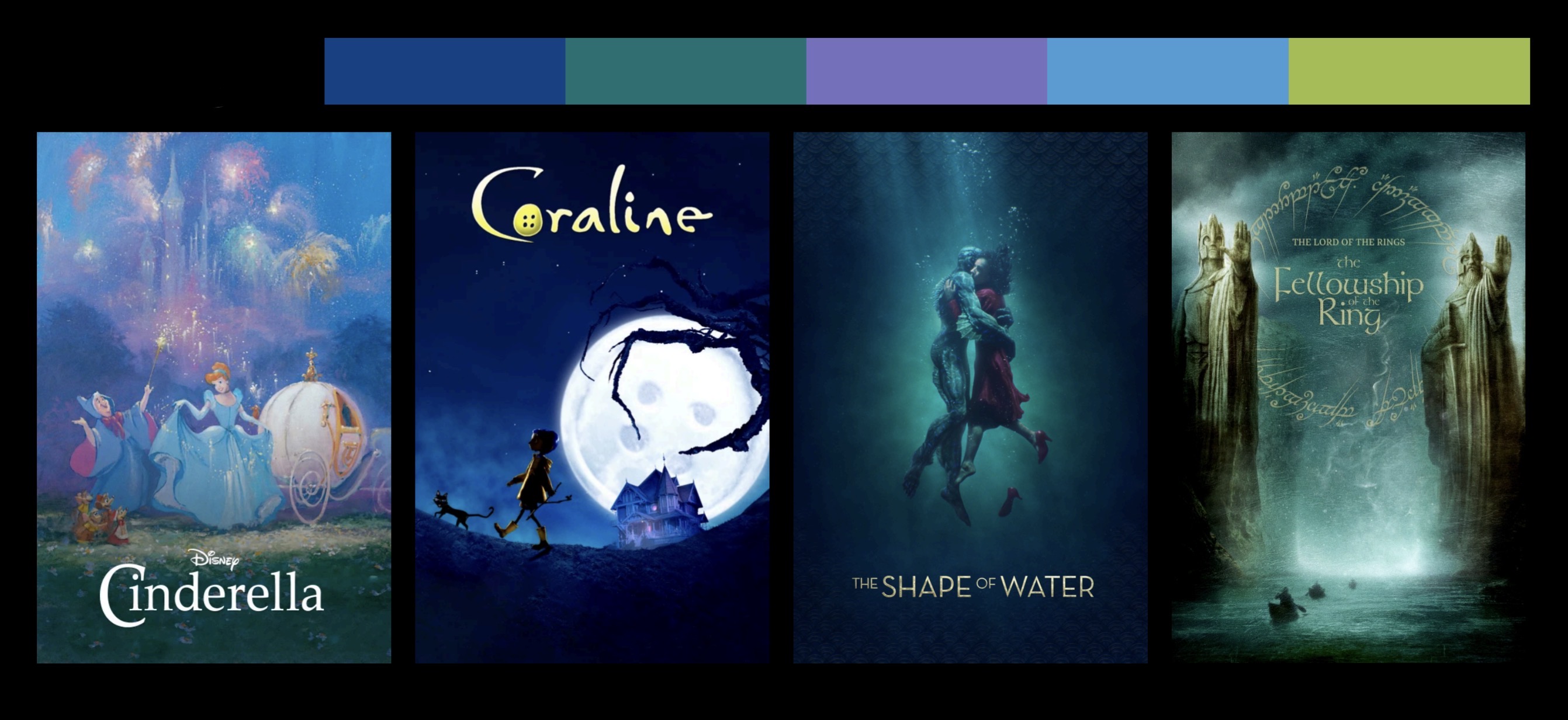 <p>Blue, cyan, purple, green</p>