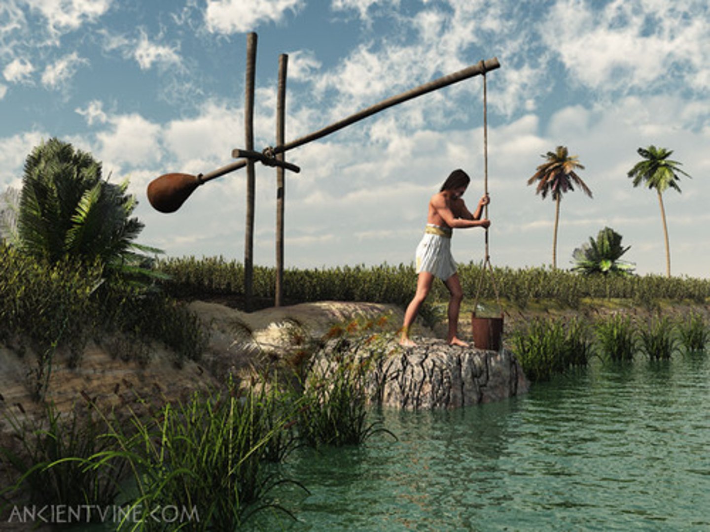 <p>a bucket attached to a long pole used to transfer river water to storage basins</p>