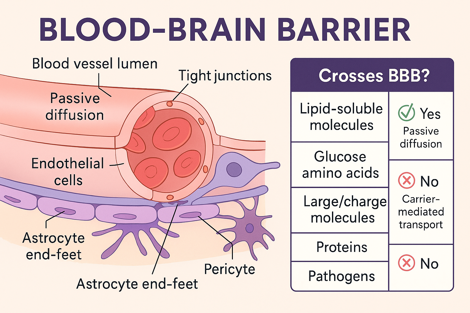 <p>Continuous endothelial cells with tight junctions and astrocytes.</p>