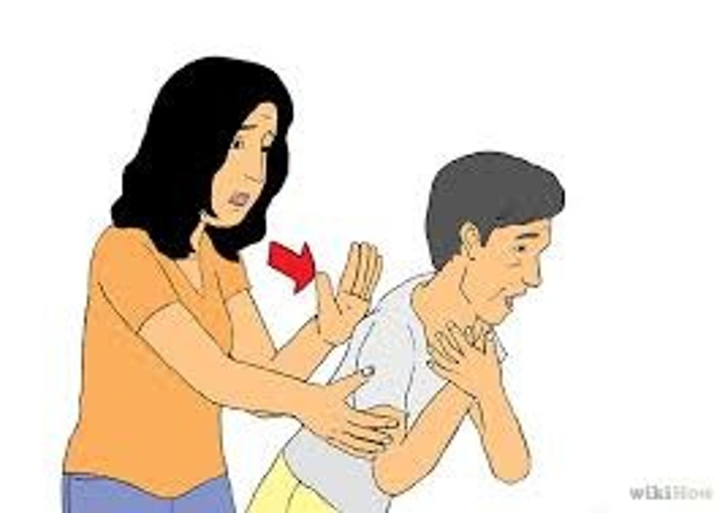 <p>1. stand or kneel beside or behind the person and place your arm across the person's chest</p><p>2. bend the person forward and use the heel of your hand to deliver up to 5 back blows b/w the person's shoulder blades</p>