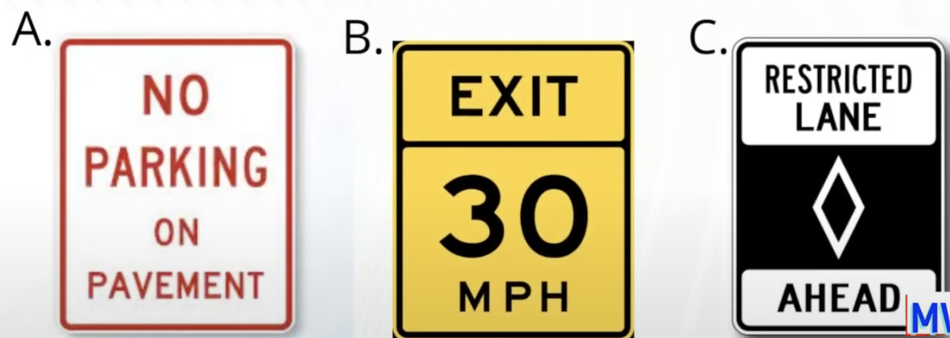 <p>Exit speed. This sign lists the maximum recommended safe speed for an exit ramp on an expressway. Slow down to the posted speed. </p>