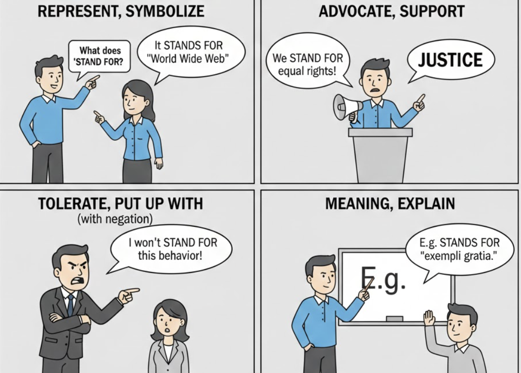 <ol><li><p><strong>Viết tắt của. </strong></p></li><li><p><strong>Đại diện/Ủng hộ cho. </strong></p></li><li><p><strong>Chịu đựng/Chấp nhận.</strong></p></li></ol><p>Dạng liên quan:</p><ul><li><p><strong>Stand up for</strong> (Bảo vệ/Đứng lên vì ai đó).</p></li></ul><p>Cấu trúc:</p><ul><li><p><strong>[Abbreviation] stands for [Full Name]</strong> (Viết tắt cho...).</p></li><li><p><strong>Stand for [Values/Principles]</strong> (Ủng hộ/Đại diện cho giá trị...).</p></li><li><p><strong>Not stand for [something]</strong> \(Không chấp nhận/không chịu đựng điều gì).</p></li></ul><p></p>