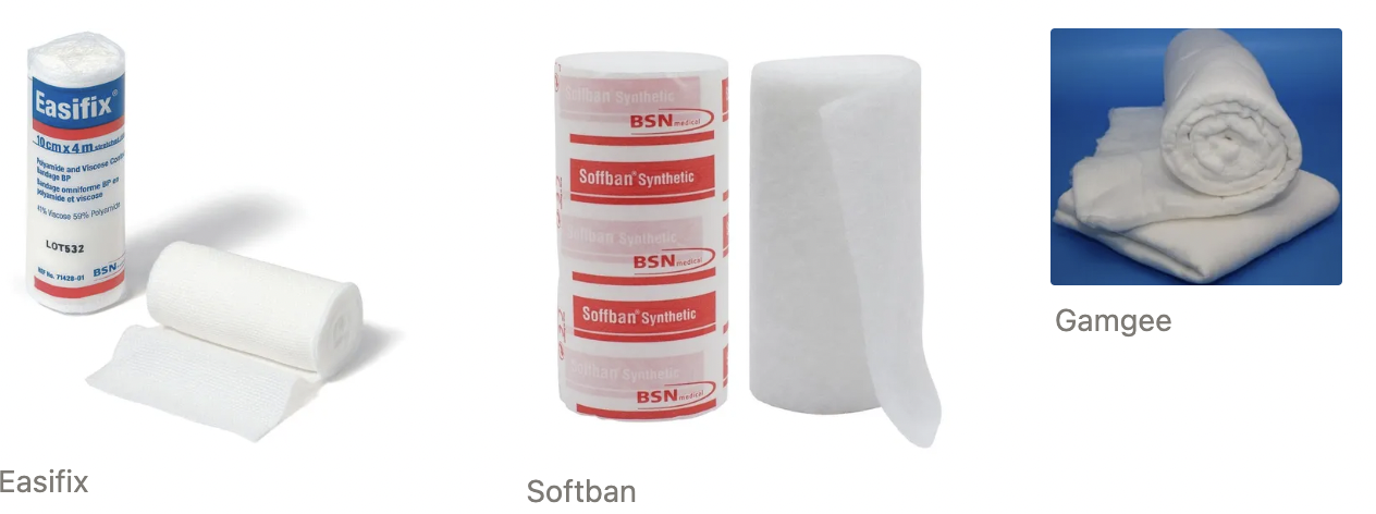 <ol><li><p><strong>Softban</strong> = Non-absorbent cast padding material</p></li><li><p><strong>Gamgee</strong> = 100% cotton gauze cover sheet keeping cotton fibres out of wound site</p></li><li><p><strong>Easifix gauze</strong> = Conforming bandage to fix the primary layer dressing</p></li></ol><p></p>