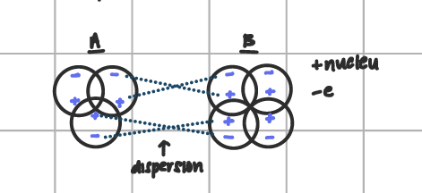 <p>weakest bond; attraction occurs between the positive charges nucleus of one atom  and the negative electrons of another atom of a another molecule </p>