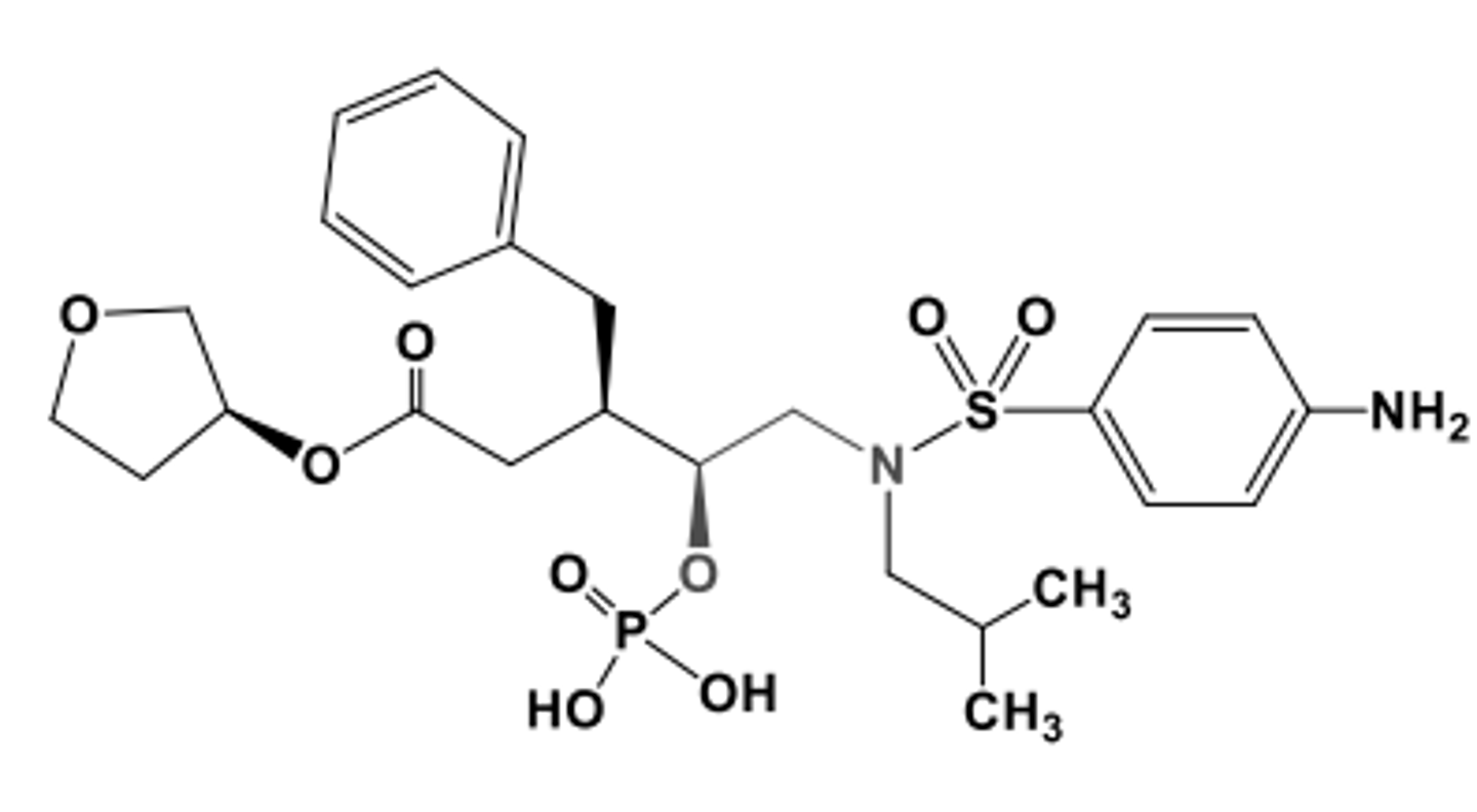 <p>protease inhibitor that is a phosphate prodrug of amprenavir</p>