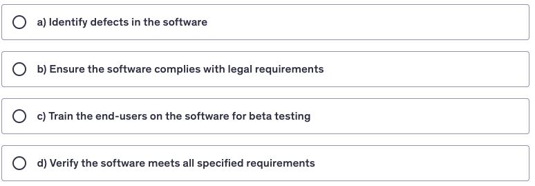 <p>Which of the following is NOT a typical objective of testing?</p>