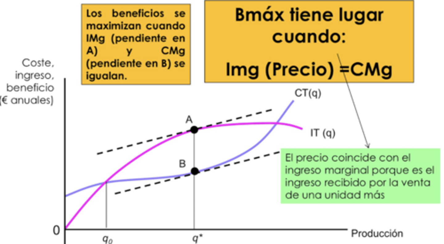 <p>no es posible obtener ningún beneficio adicional incrementando la producción. </p><p>esto ocurre cuando la ultima unidad producida añade lo mismo al ingreso total que al coste total</p><p>IMg = CMg</p>