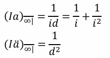 <p>This formula calculates the present value of a perpetuity-immediate with payments increasing arithmetically, starting at 1 and increasing by 1 each period.</p>