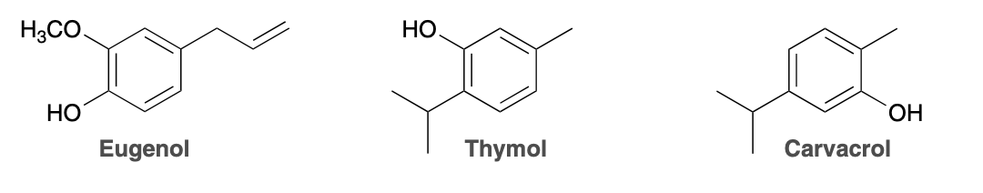 <p>(Ch. 17) <span>Aromatic compounds are commonly found in plant oils. For example, an extract of rosemary, which shows anti-oxidant activity, was found to contain the compounds eugenol, thymol, and carvacrol.These names are common names; however, each of these compounds also has more than one possible systematic name.</span></p><p></p><p><span>provide 3 systematic names for. eugenol and three for thymol (the hydrocarbon substituent in eugenol (-CH<sub>2</sub>-CH=CH<sub>2</sub> ) is called an allyl group) </span></p>