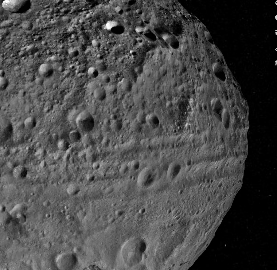 <p><span>Study this image of Vesta. What is the most likely cause of the linear ridges and grooves near its equator?</span></p><p><span>A. </span>Fracturing caused by extension</p><p><span>B. </span>Running water</p><p><span>C. </span>Erosion by glacial ice</p><p><span>D. </span>Near disruption by a large impact</p>