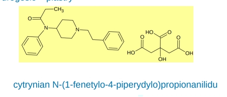 <p>opioid?, syntetyczna pochodna piperydyny/anilidopiperydyny</p><p class="has-focus">Pełny agonista receptorów opioidowych głównie µ (94 %), κ (2 %) i δ (4 %).</p><p>Działa krótko ale szybko </p>