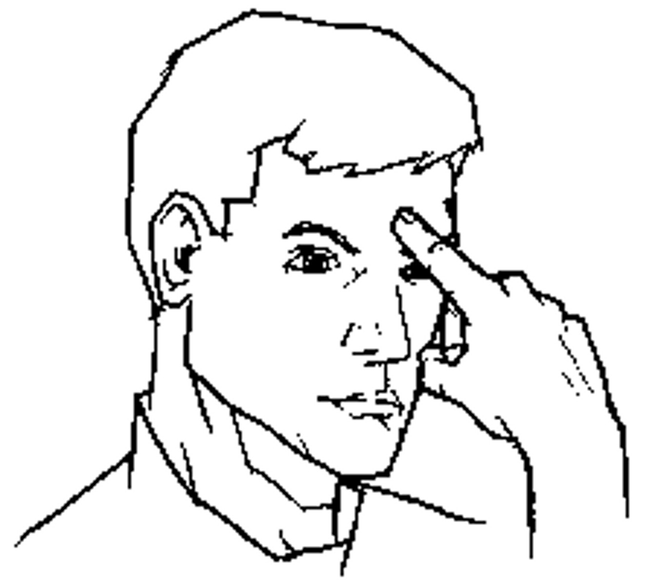 <p>With 1 handshape, point to head at temple or forehead.</p>