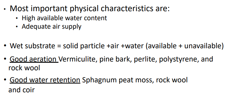 <p>Reservoir for plant nutrients, water, good aeration, provide anchorage and support</p>