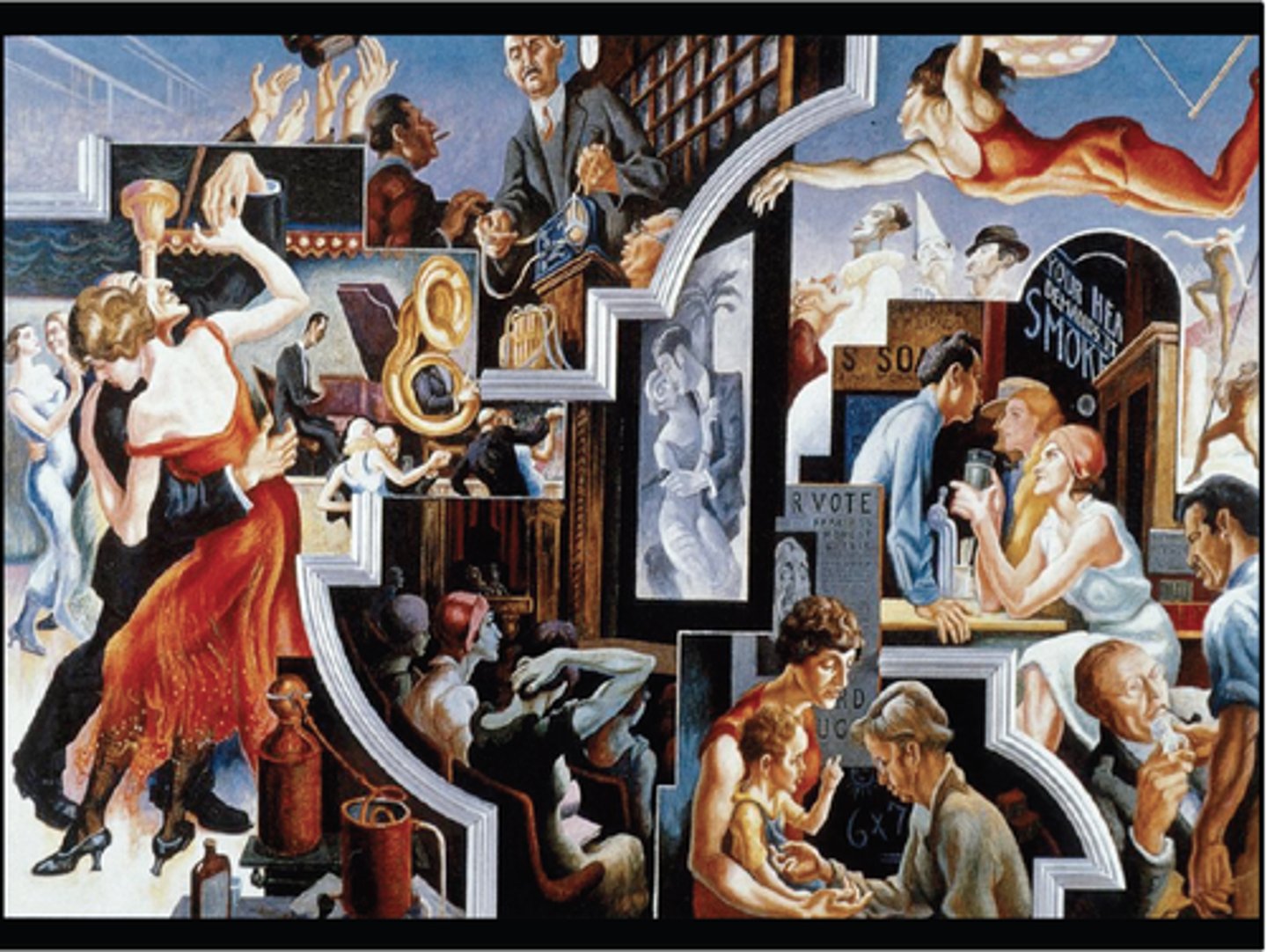 <p>Thomas Hart Benton, worked as a set designer and painter, part of 10-panel series, dramatic representation of Prohibition era, was paid in the dozens of eggs needed for tempera paint, busy energy and hectic scenes part of style, represents speakeasies, and soda fountains and cultural things of the time, illegal liquor</p>