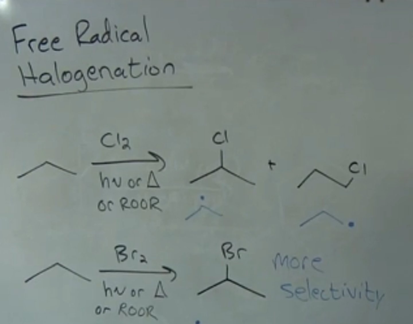 <p>Cl2 or Br2 with light or heat</p><p>forms: alkyl halide</p><p>carbocation? no</p><p>rearrangement? no</p><p>regiochem?- usually</p><p>markovnikov for Br2 (MSS) and anti-markovnikov (LSS) for Cl2</p><p>stereochem? none</p>