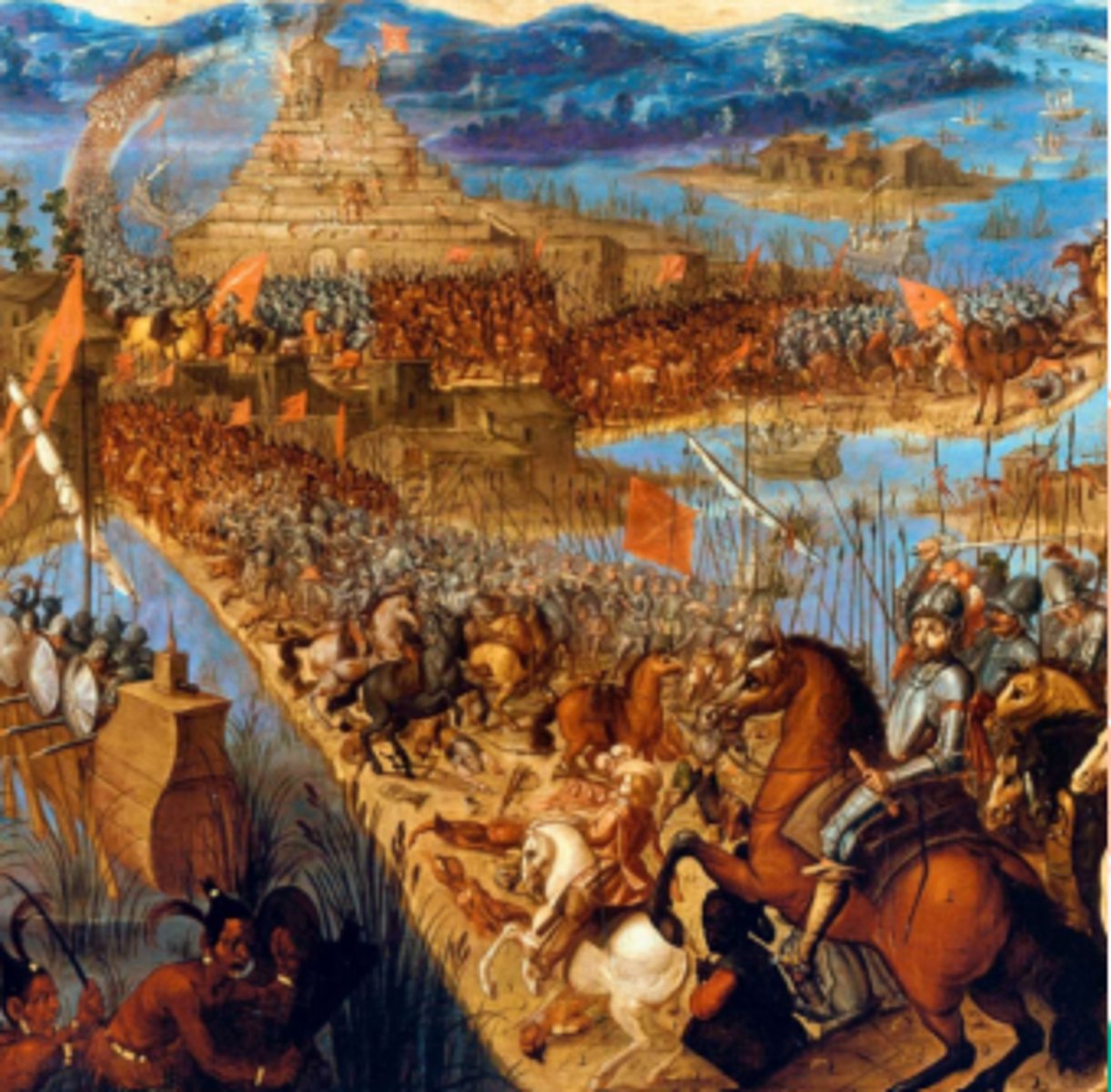 <p>Cortes arrives in Mexico<br>- Hernan Cortes (Cuban landowner)<br>- Big ego + loved riches<br>- 1519, Mexico, 600 men, 16 horses, and some cannons<br>- Malinche (young native, translator and advisor)<br><br>Moctezuma's dilemma<br>- Aztec emperor<br>- Thought Cortes could have been a long loss god-king (urged him to stop, he refused)<br><br>Cortes take Tenochtitlan<br>- Capital of Aztec empire<br>- Spanish tried to convert Aztecs to Christianity<br>- 1521, demolished the capital and built Mexico City</p>