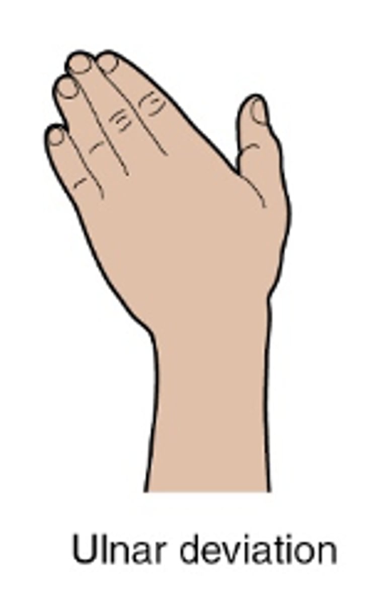 <ul><li><p>frontal plane,sagittal axis</p></li></ul><ul><li><p>Slide wrist towards ulnar pinky</p></li><li><p>ROM: 0-30 degrees</p></li></ul><p></p>