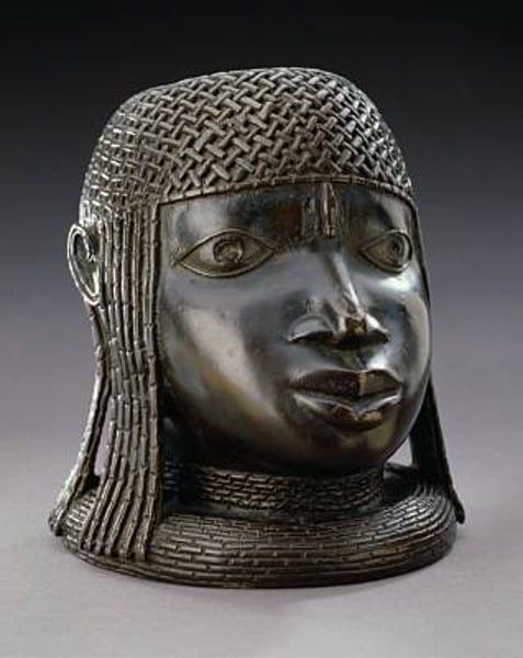 <p>Benin c. 16th century; brass; naturalistic figure that may be idealized to show ruler's power; fairly generic features; may not be a specific person but rather captures their spirit; African art</p>