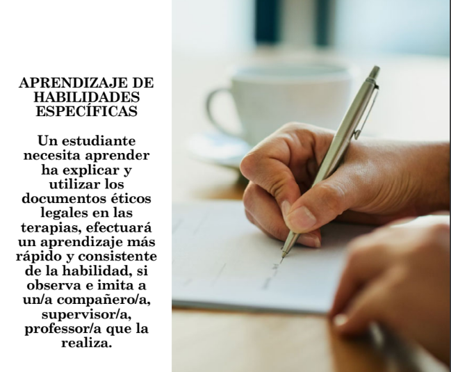 <p>Un estudiante</p><p>necesita aprender</p><p>ha explicar y </p><p>utilizar los </p><p>documentos éticos</p><p>legales en las </p><p>terapias, efectuará</p><p>un aprendizaje más</p><p>rápido y consistente</p><p>de la habilidad, si</p><p>observa e imita a </p><p>un/a compañero/a, </p><p>supervisor/a, </p><p>professor/a que la </p><p>realiza.</p>