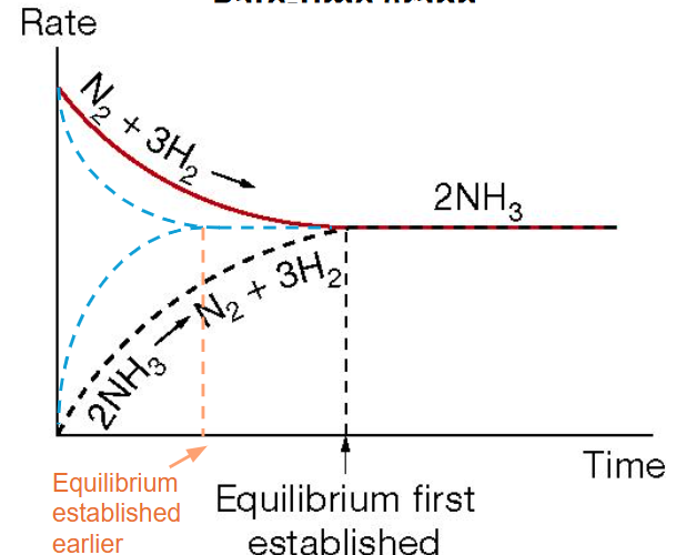 <p>Catalysts provide an <strong>alternate reaction pathway</strong> by <strong>lowering activation energy</strong>, hence a greater proportion of particles have the energy needed for successful collisions.</p><ul><li><p>Increases both forward &amp; reverse reactions</p></li><li><p>Do not change equilibrium position or K</p></li><li><p>Increase the rate at which equilibrium is established.</p></li></ul><p></p>