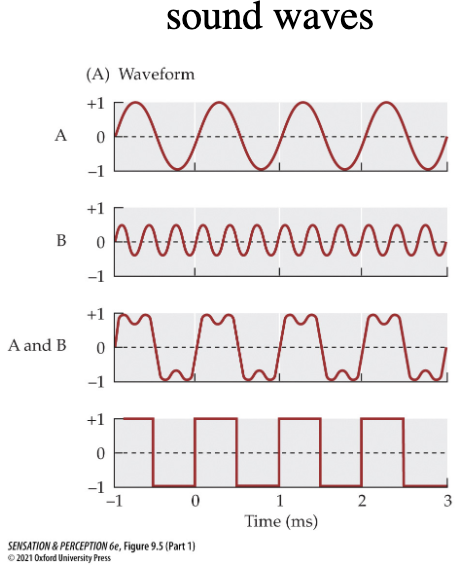 <p>mathematical procedure for separating a complex pattern into component sine waves that vary over time (hearing) or space (vision)</p>