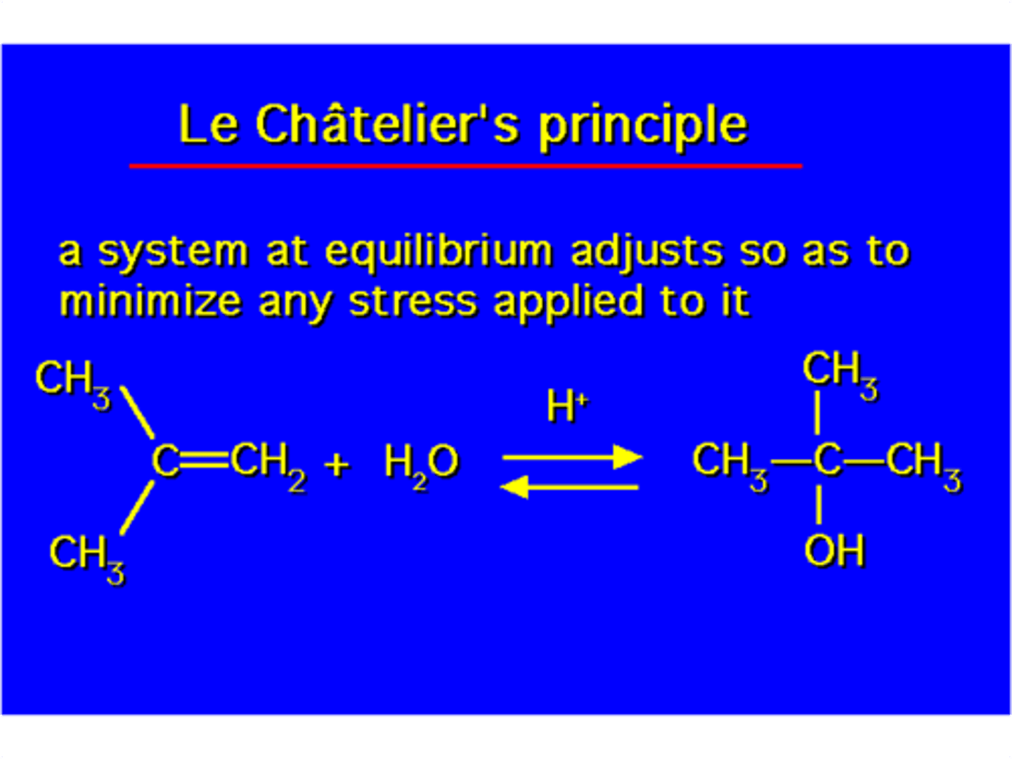 <p>a principle stating that when a chemical reaction at equilibrium is perturbed, it responds by proceeding in a direction that will restore the equilibrium.</p>