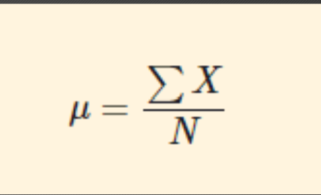 <p><span style="font-family: &quot;Trebuchet MS&quot;, sans-serif;">A complete set of scores</span></p><ul><li><p><span style="font-family: &quot;Trebuchet MS&quot;, sans-serif;">“mu” equals the sum of the variable X and is divided by the population size which is N</span></p></li></ul><p></p>