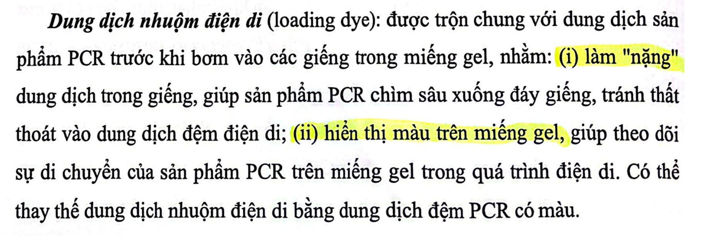 <p>D. Do chưa thêm dung dịch nhuộm điện di (loading dye)</p><p>Sách trang 19</p>