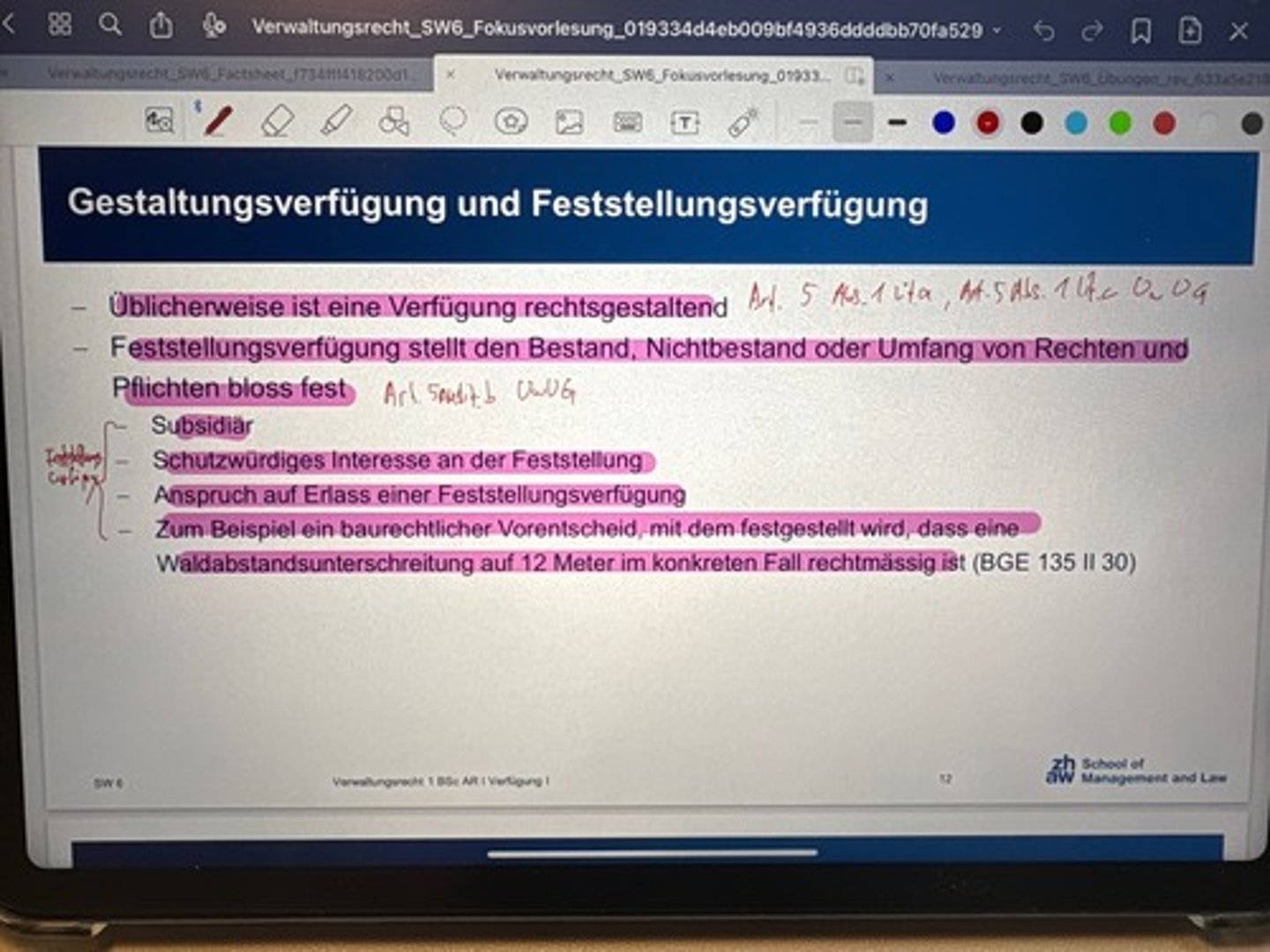 <p>-Üblicherweise ist eine Verfügung rechtsgestaltung VwVG 5.1a+c</p><p>-Feststellungsverfügung stellt den Bestand, Nichtbestand oder Umfang von Rechten und Pflichten bloss fest VwVG 5.1b</p><p>•Subsidiär</p><p>•Schutzwürdiges Interesse an der Feststellung</p><p>•Anspruch auf Erlass einer Feststellungsverfügung</p><p>•Z.B. Ein baurechtlicher Vorentscheid, mit dem festgestellt wird, dass eine Waldabstandsunterschreitung auf 12m im konkreten Fall rechtmässig ist</p>