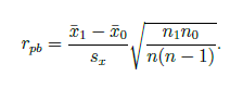 <p>varianta Pearsonova korelačního koeficientu</p><p>stejný jako Pearson, když máme jednom sloupci pouze hodnoty 0 a 1 (nominál.)</p><p>pouze v intervalu od -1 do 1</p><p>značka: r<sub>pb</sub></p><p>popisuje pouze lineární vztahy </p><p>př. jedním znakem je pohlaví </p>