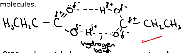 <p>propanoic acid has hydrogen bonds whereas pentane only has London forces</p>