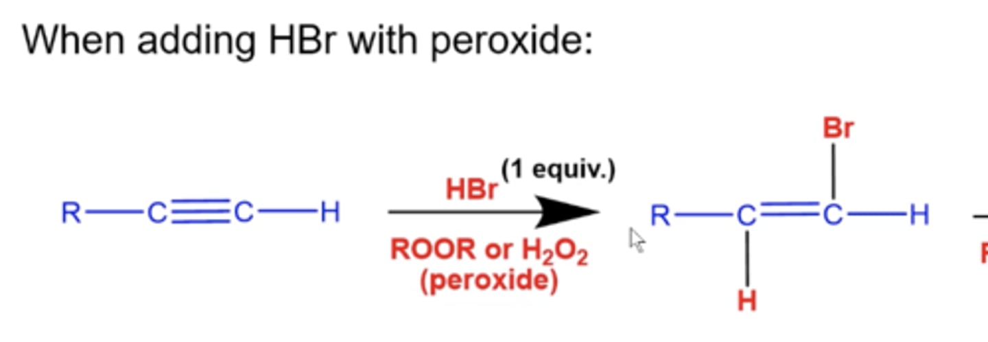 <p>you will form the anti-markovnikov product</p><p>-Br will add to the less substituted carbon and H will add to the more substituted carbon to form an alkene</p>