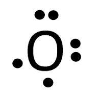 <p>two pairs of electrons and two lone electrons around oxygen’s symbol, O</p>