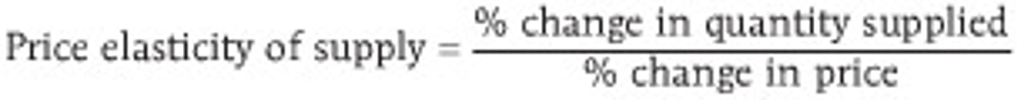 <p>the responsiveness of the quantity supplied to a change in price, measured by dividing the percentage change in the quantity supplied of a product by the percentage change in the product's price</p><p>its similar to price elasticity of demand so the same sort of calculation methods apply (midpoint formula, etc.)</p>