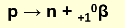 <p>from the breakdown of a proton in the nucleus</p>