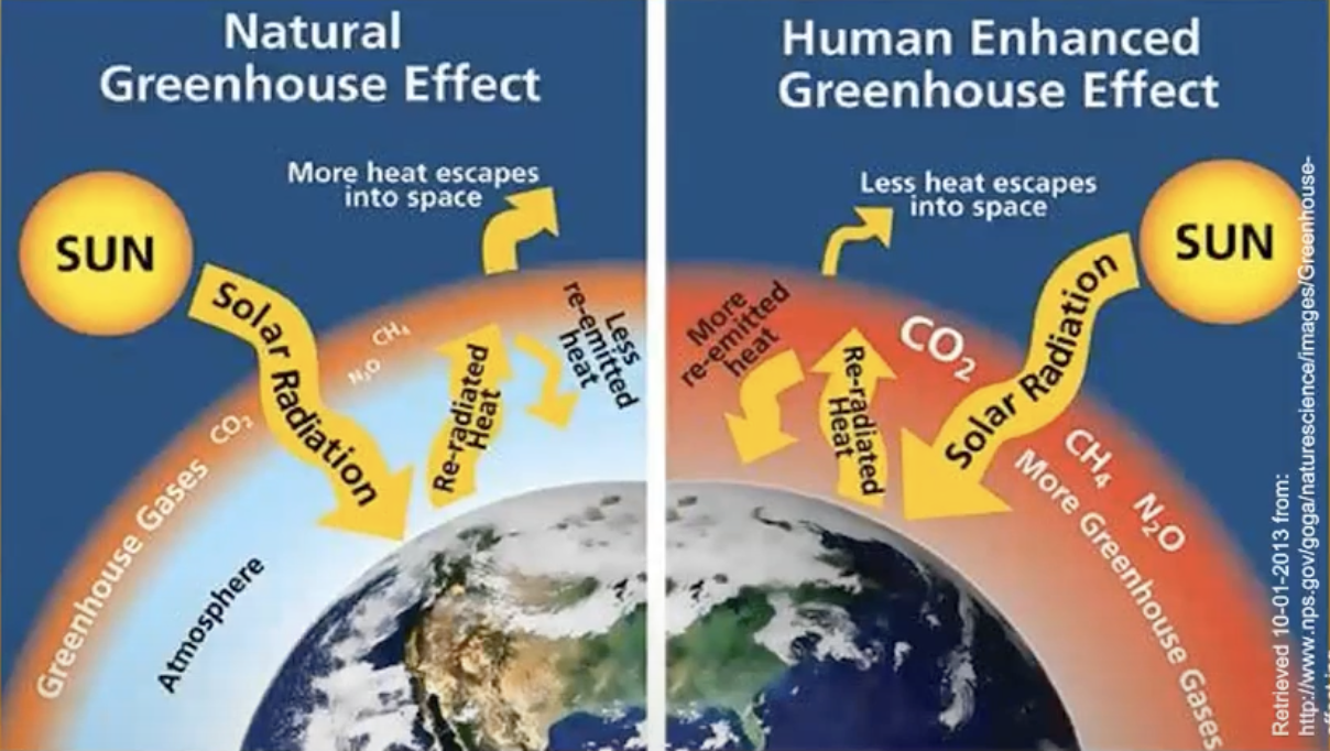 <p>Greenhouse gases (GHGs) trap more long-wave radiation which increases average global temperature.</p><ul><li><p>more greenhouse gases </p></li><li><p>less heat escapes into space</p></li><li><p>more re-emitted heat enters the atmosphere</p></li></ul><p></p>