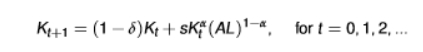 <ul><li><p>we are combining the production function equation and the savings equation</p></li><li><p>we are starting from K0 </p></li><li><p>once we know this initial capital stock, we can compute the capital stock in every period</p></li><li><p>once we know the series of Kt, we also know all the other variables </p></li></ul><p></p>