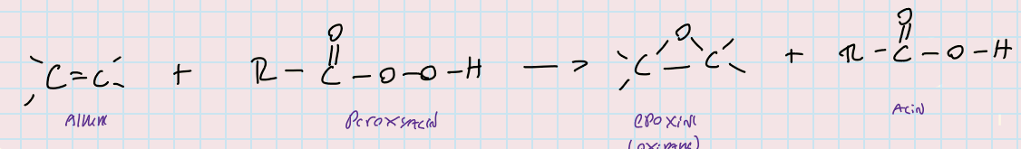 <p>An alkene reacts with peroxide acit to produce an epoxide</p>